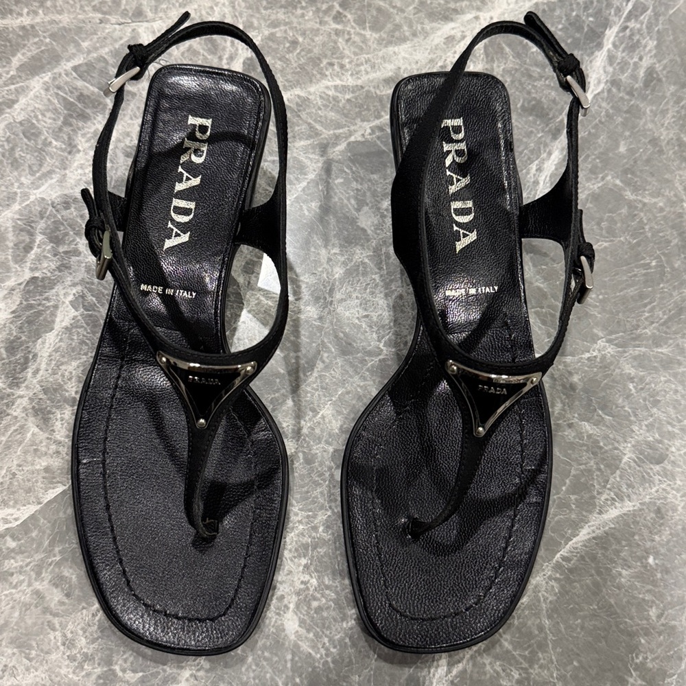 Prada Black Leather Thong Sandals